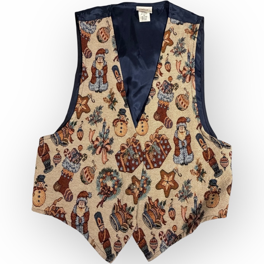 Vtg Holiday-Themed Women's Tapestry Vest with Festive‎ Patterns Backroad Blues
